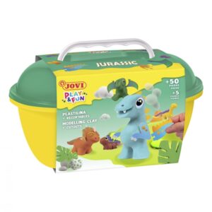 jovi play & fun cofre jurassic con 24 barras de plastilina 15gr + modeladores + recortables sin gluten base vegetal no se seca colores surtidos
