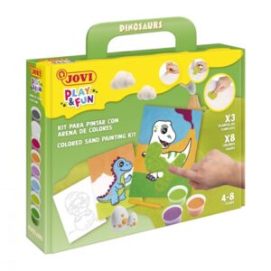 jovi play & fun kit pinta con arena dinosaurs con 8 botes de arena + 1 punzon + 3 laminas con diseños de dinosaurios colores surtidos