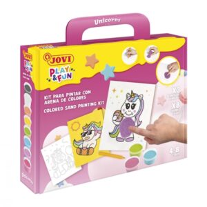 jovi play & fun kit pinta con arena unicorns con 8 botes de arena + 1 punzon + 3 laminas con diseños de unicornios colores surtidos
