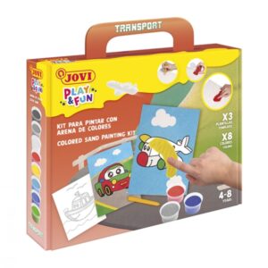 jovi play & fun kit pinta con arena transport con 8 botes de arena + 1 punzon + 3 laminas con diseños de transportes colores surtidos