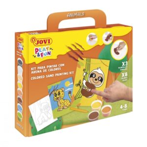 jovi play & fun kit pinta con arena animals con 8 botes de arena + 1 punzon + 3 laminas con diseños de animales terrestres colores surtidos
