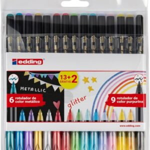 edding 1200 metallic and glitter pack de 15 rotuladores punta redonda trazo metallic 1 3mm, glitter 3mm tinta con base de agua colores metalicos y glitter
