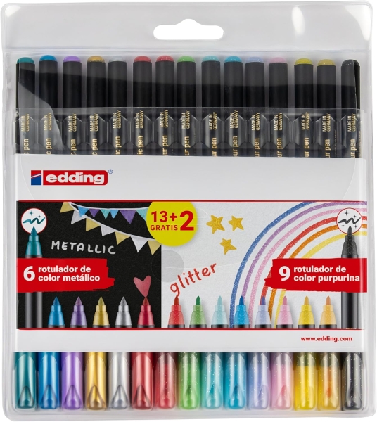 edding 1200 metallic and glitter pack de 15 rotuladores punta redonda trazo metallic 1 3mm, glitter 3mm tinta con base de agua colores metalicos y glitter