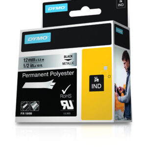dymo rhino id1 12 cinta de etiquetas original para rotuladora texto negro sobre fondo plata ancho 12mm x 5.5 metros 18486