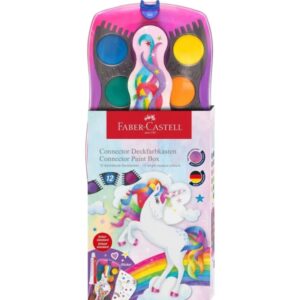 faber castell connector unicornio pack de 12 acuarelas en pastilla + pintura blanca opaca + pegatinas gran opacidad facilmente mezclables colores surtidos