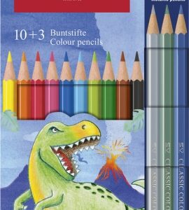 faber castell edicion dinosaurios pack de 13 lapices de colores hexagonales 10 colores clasicos + 3 colores metalizados incluye pegatinas de dinosaurios resistencia a la rotura colores surtidos