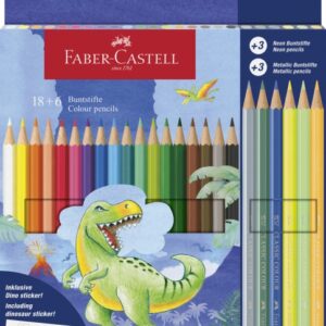 faber castell edicion dinosaurios pack de 24 lapices de colores hexagonales 18 colores clasicos + 3 colores neon + 3 colores metalizados incluye pegatinas de dinosaurios resistencia a la rotura colores surtidos