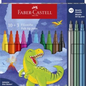 faber castell edicion dinosaurios pack de 13 rotuladores de colores 10 colores clasicos + 3 colores metalizados incluye pegatinas de dinosaurios tinta a base de agua colores surtidos
