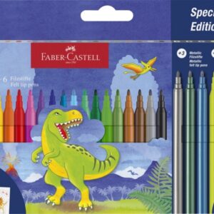 faber castell edicion dinosaurios pack de 24 rotuladores de colores 18 colores clasicos + 3 colores metalizados + 3 colores neon incluye pegatinas de dinosaurios tinta a base de agua colores surtidos