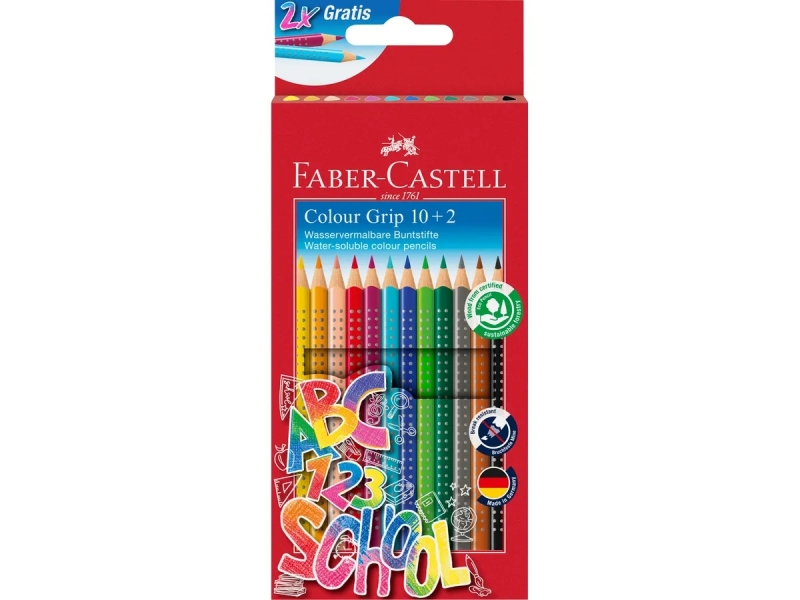 faber castell colour grip pack 10+2 lapices de colores triangulares con grip de agarre con espacio para el nombre colores surtidos