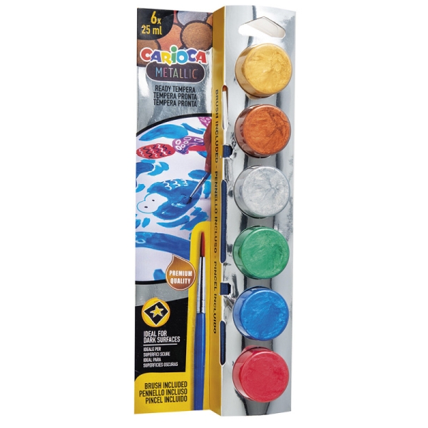 carioca metallic pack de 6 temperas en botes de 25ml + pincel superlavables mezclables colores metallic surtidos