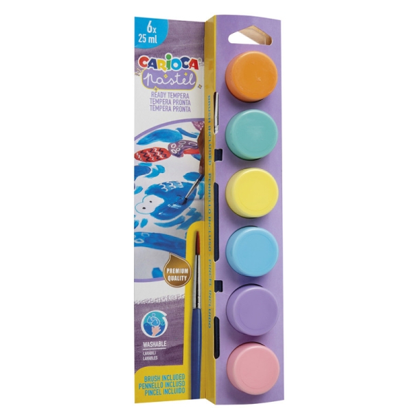 carioca pastel pack de 6 temperas en botes de 25ml + pincel superlavables mezclables colores pastel surtidos