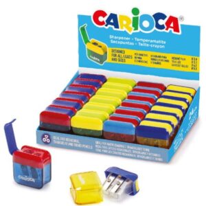 carioca expositor con 24 minisacapuntas de 2 orificios con deposito tapon de seguridad en la cuchilla colores aleatorios surtidos