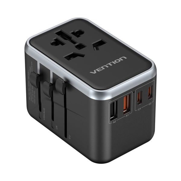 vention cargador de viaje universal gan 2xusb c, 2xusb a 65w color negro