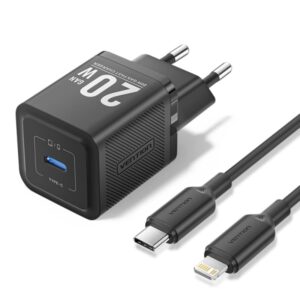 vention cargador de pared gan usb c 20w cable usb c a lightning 1m color negro