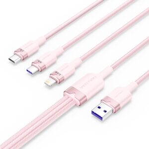 vention cable usb a 2.0 a usb c, lightning, micro b 6a 1.5m trenzado color rosa