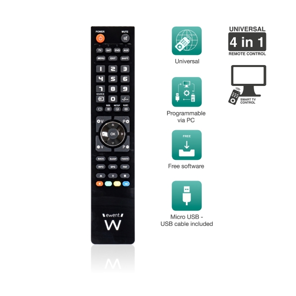 ewent control remoto 4 en 1 universal programable con cable micro usb y pc color negro