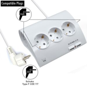 ewent regleta de energia 5 enchufes version schuko 16a 2 puertos usb cable de 1.5m color blanco