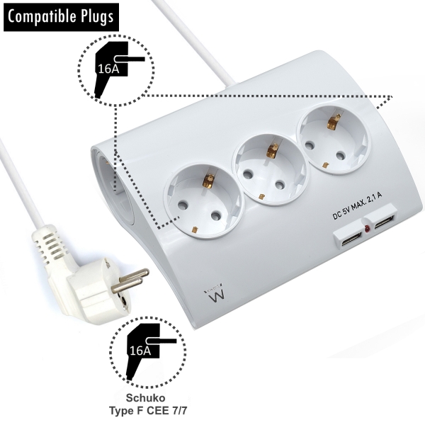 ewent regleta de energia 5 enchufes version schuko 16a 2 puertos usb cable de 1.5m color blanco
