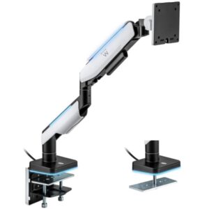 ewent soporte de mesa rgb para monitor/tv giratorio e inclinable iluminacion rgb acero y aluminio compatible vesa carga maxima 20kg brazo articulado sistema de pasacables color blanco