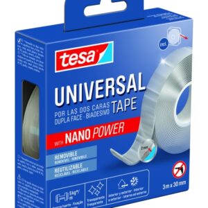 tesa cinta universal de doble cara con nano power 30mm x 3 metros soporta cargas pesadas puede retirarse sin dejar residuos reutilizable para interiores y exteriores transparente