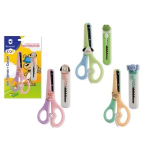 bismark kids pack de tijera escolar + cuter mangos en plastico punta roma 3 diseños surtidos