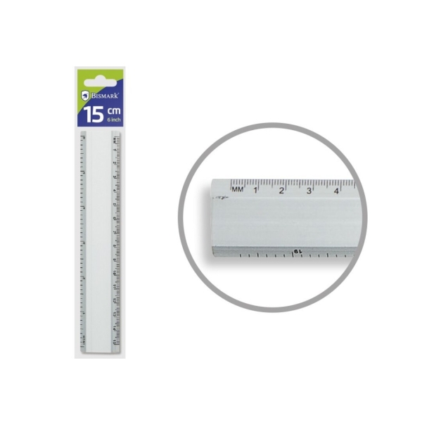 bismark regla milimetrada 15cm fabricada en aluminio con bisel para las lineas a tinta color aluminio