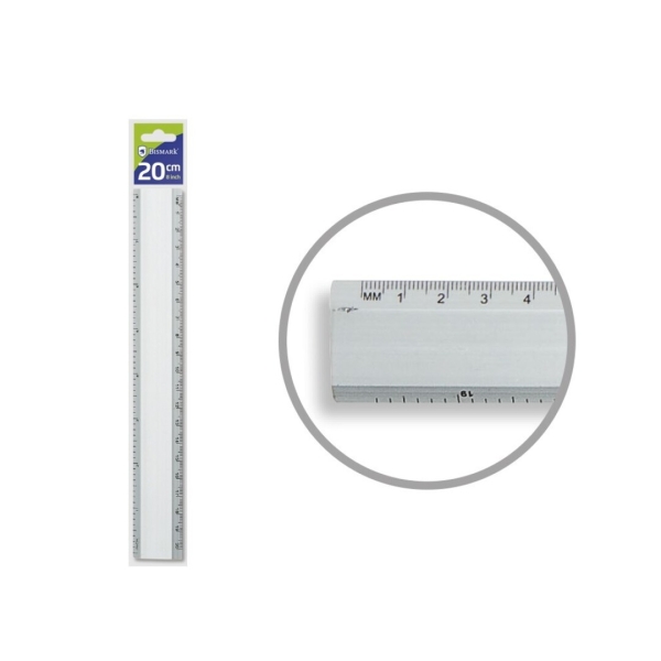 bismark regla milimetrada 20cm fabricada en aluminio con bisel para las lineas a tinta color aluminio