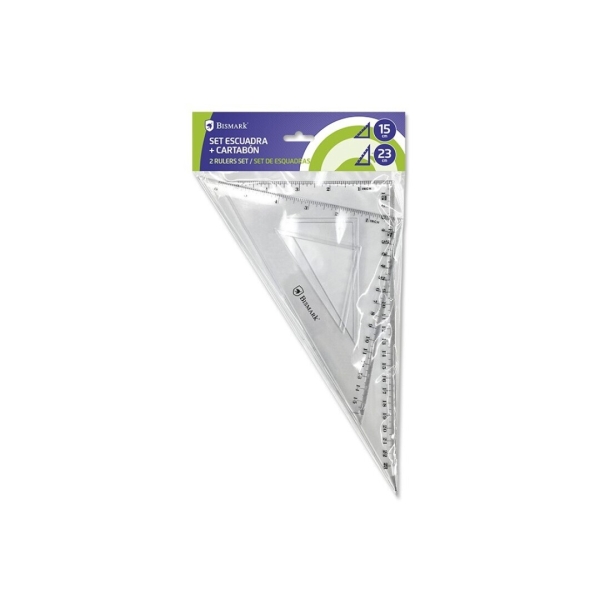 bismark pack de escuadra 15cm y cartabon 23cm fabricados en plastico ideal para el colegio transparentes