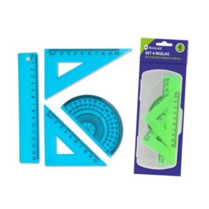bismark pack de 4 reglas para dibujo incluye regla 15cm, escuadra 10cm, cartabon 10cm y transportador de angulos caja portadora pvc ideal para el colegio colores azul y verde aleatorios