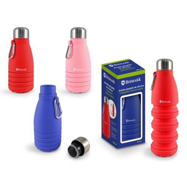 bismark botella de silicona plegable 550ml tapon de acero inoxidable mosqueton de transporte colores rosa, rojo y azul
