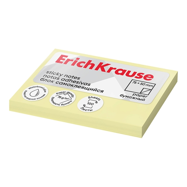 erichkrause bloc de 100 notas adhesivas 50x75mm removibles color amarillo claro