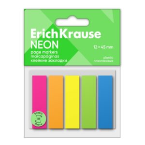 erichkrause pack de 5 blocs de 25 marcadores de pagina de plastico 12x45mm colores amarillo, azul, naranja, verde y rosa neon