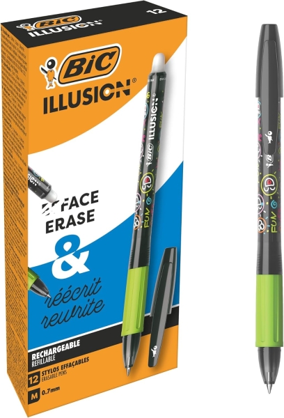 bic illusions boligrafo borrable punta media de 0.7mm grip de goma recargable color negro