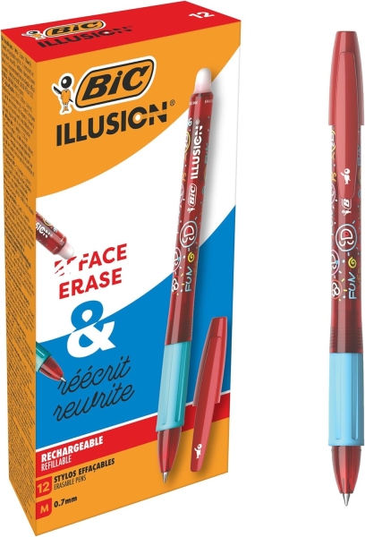 bic illusions boligrafo borrable punta media de 0.7mm grip de goma recargable color rojo