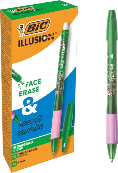 bic illusions boligrafo borrable punta media de 0.7mm grip de goma recargable color verde