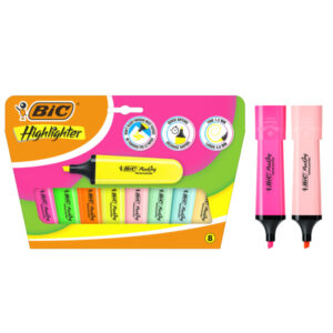 bic marking highlighter flat pack de 8 marcadores fluorescentes punta biselada trazo entre 1.20 y 4.60 mm tinta con base de agua color surtidos neon y pastel