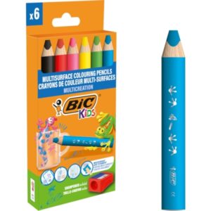 bic kids multisuperficie pack de 6 lapices de colores + sacapuntas cuerpo triangular minas borrables en superficies no porosas colores surtidos