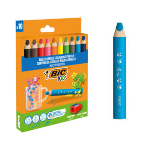 bic kids multisuperficie pack de 10 lapices de colores + sacapuntas cuerpo triangular minas borrables en superficies no porosas colores surtidos