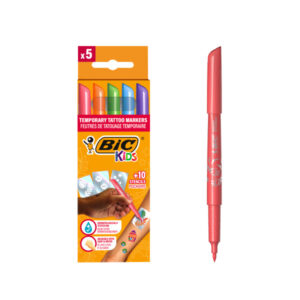 bic kids tatuajes pack de 5 rotuladores + 10 plantillas para tatuajes temporales tinta dermatologicamente testada y sin perfume colores surtidos