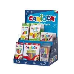 carioca expositor lapices de colores incluye 12 tita box 12uds, 12 tita triangular box 24uds, 4 maxi wax crayons 24uds, 12 pastel bicolor pencil box 12uds, 12 supercolor pencils box 12uds, 12 supercolor triangular pencils box 24uds