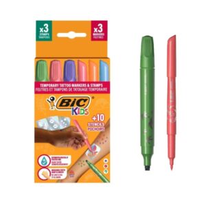 bic kids tatuajes temporales pack de 3 sellos + 3 rotuladores + 10 plantillas tinta dermatologicamente testada y sin perfume colores surtidos