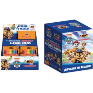 bic kids plastidecor patrulla canina expositor con 24 packs de 12 lapices de cera + 24 cuadernos de colorear de la patrulla canina gratis facil de sacar punta no mancha colores surtidos