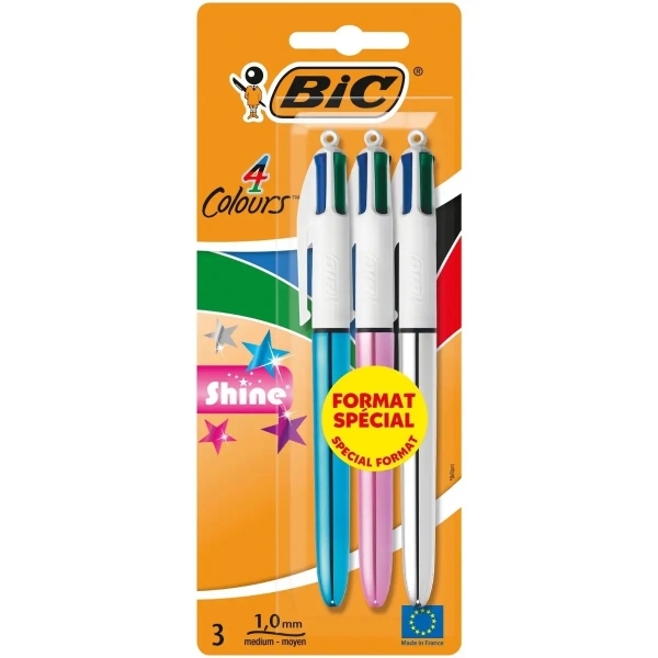 bic 4 colours shine pack de 3 boligrafos de bola retractil punta de 1mm trazo de 0.4mm tinta con base de aceite cuerpo oro/blanco 4 colores