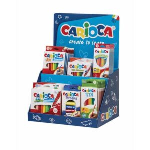 carioca expositor core incluye 8 joy box 12uds, 12 supercolor pencils box 12uds, 6 tempera tubes 12ml x 5uds, 6 jumbo box 12uds, 12 tita box 12uds, 4 maxi wax crayons 24uds