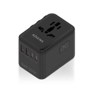 aisens adaptador de viaje universal gan 25w 2xusb a qc3.0, 2xusb c pd3.0 color negro
