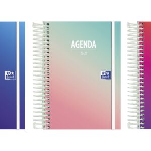 oxford gradient agenda escolar 25/26 espiral dia pagina tamaño 8º tapa extradura esquinas microperforadas espacio para notas cierre con goma diseños surtidos