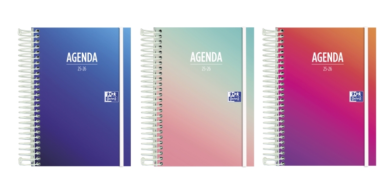 oxford gradient agenda escolar 25/26 espiral dia pagina tamaño 8º tapa extradura esquinas microperforadas espacio para notas cierre con goma diseños surtidos