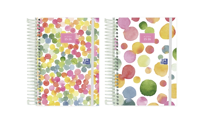 oxford joy agenda escolar 25/26 espiral dia pagina tamaño 8º tapa extradura esquinas microperforadas espacio para notas cierre con goma diseños surtidos