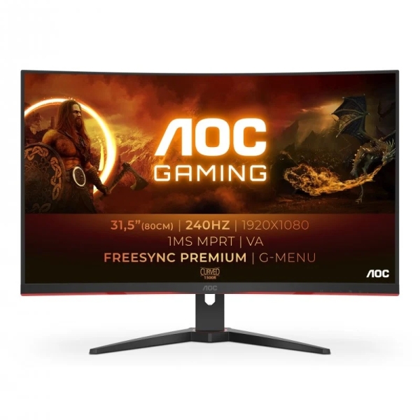 aoc g4 monitor 31.5" curvo 1500r led va fullhd 240hz freesync premium respuesta 1ms angulo de vision 178° hdmi, displayport, audio montaje vesa 100x100